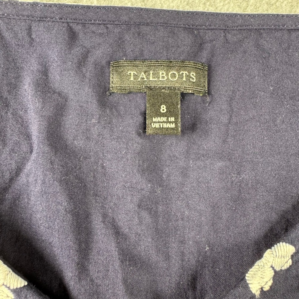 Talbots Navy White Floral Eyelet Peplum Top Bow Tie Waist Scallop Hem Size 8 - Picture 3 of 9